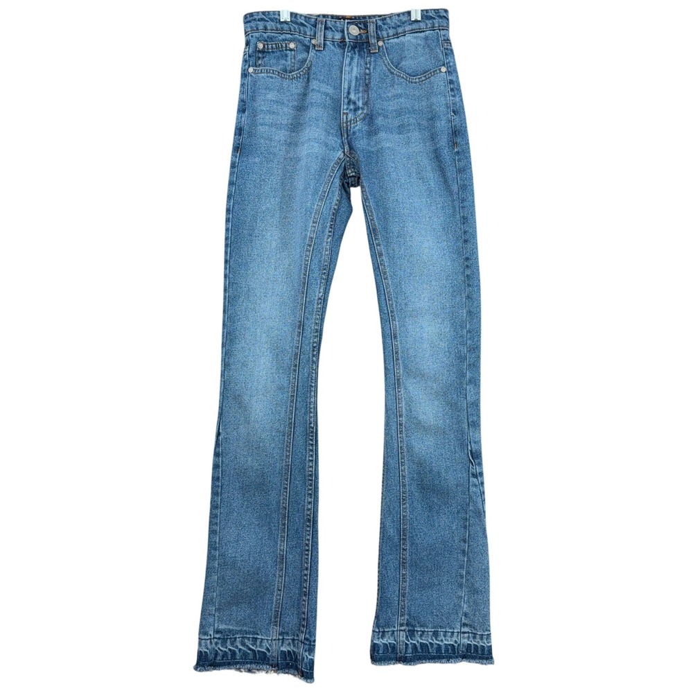 boohooMAN Flare Jeans Mens 28 100% Cotton Blue Distressed Hem Retro Y2K